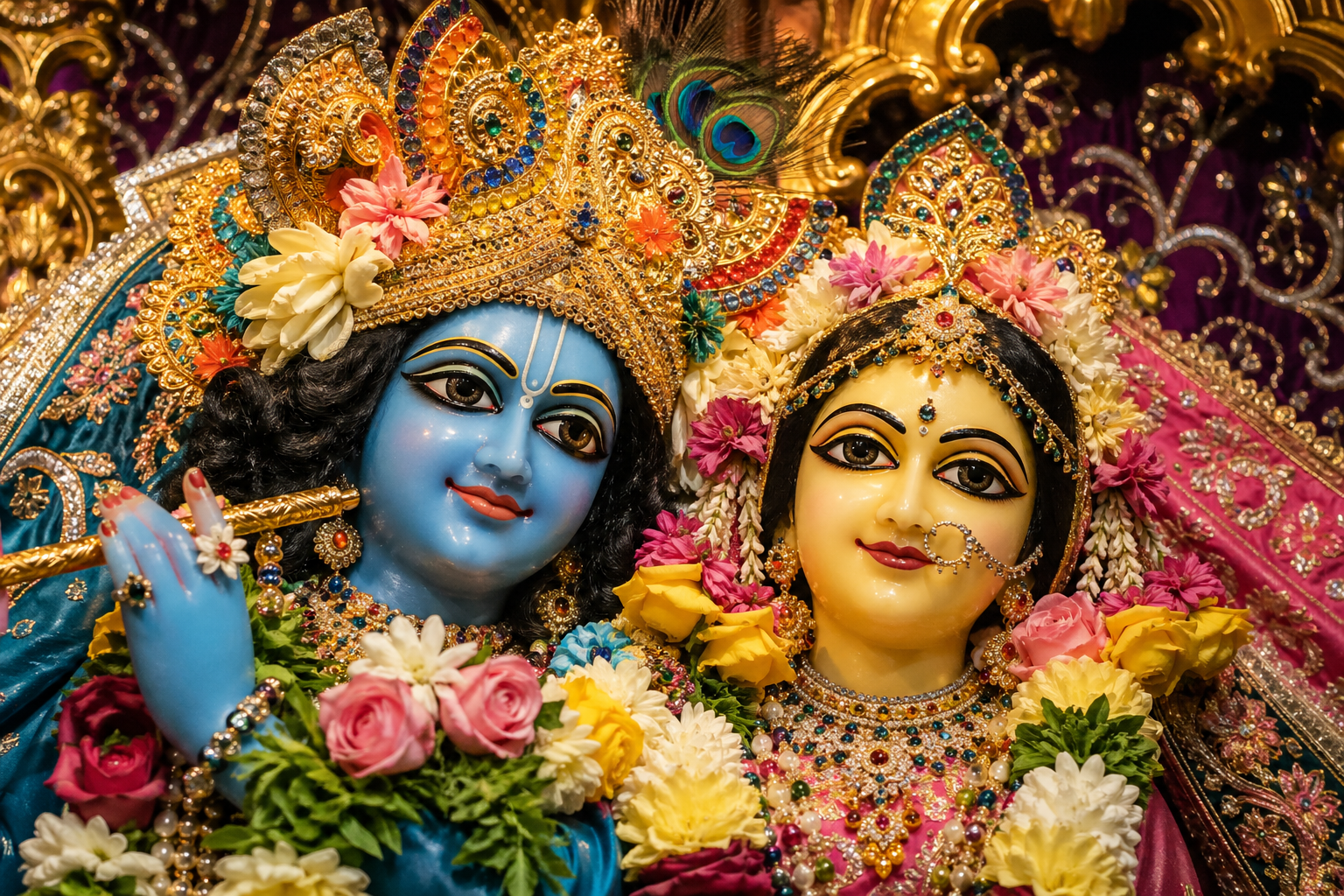 Extreme close-up of ISKCON Radha Krishna deity faces with golden crowns detailed makeup and gem jewelry